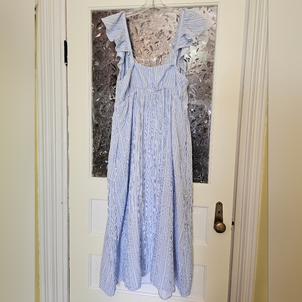 Time and Tru Light Blue and White Striped Ruffle Midi Dress